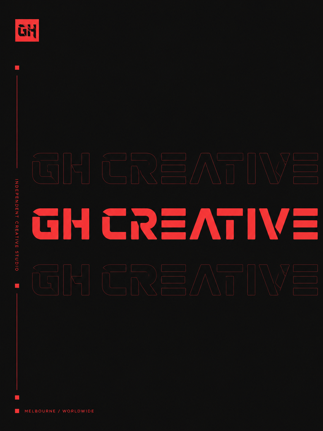 GH Creative identity with a red angular wordmark and repeated outline lettering