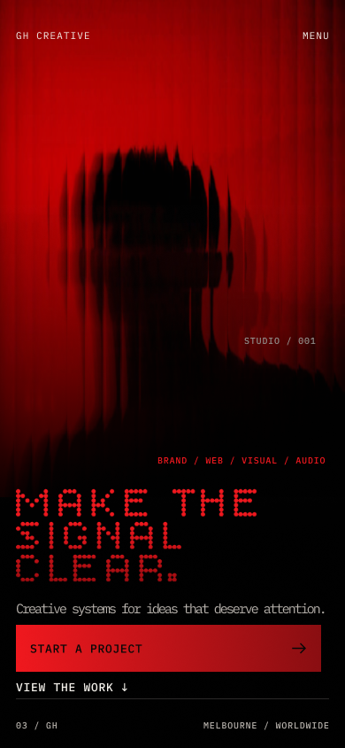 GH Creative mobile website concept with a red portrait and bold headline